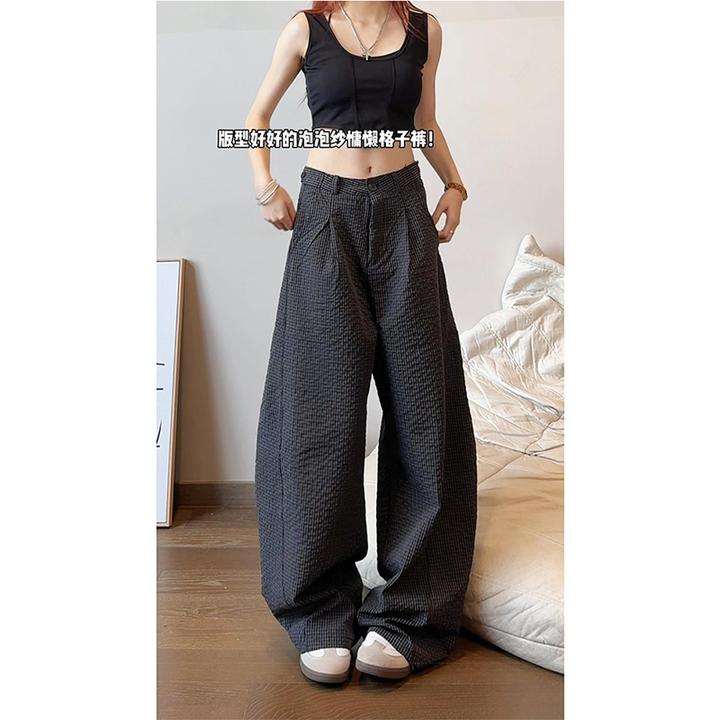 潮牌老钱风泡泡纱格纹休闲裤男士2025秋季垂感弯刀百搭宽松阔腿裤