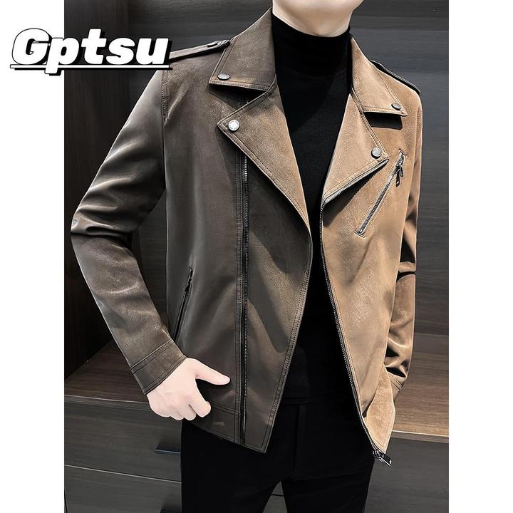 GPTSu美拉德外套男士新款春秋季高级感痞帅皮衣机车风斜拉链夹克