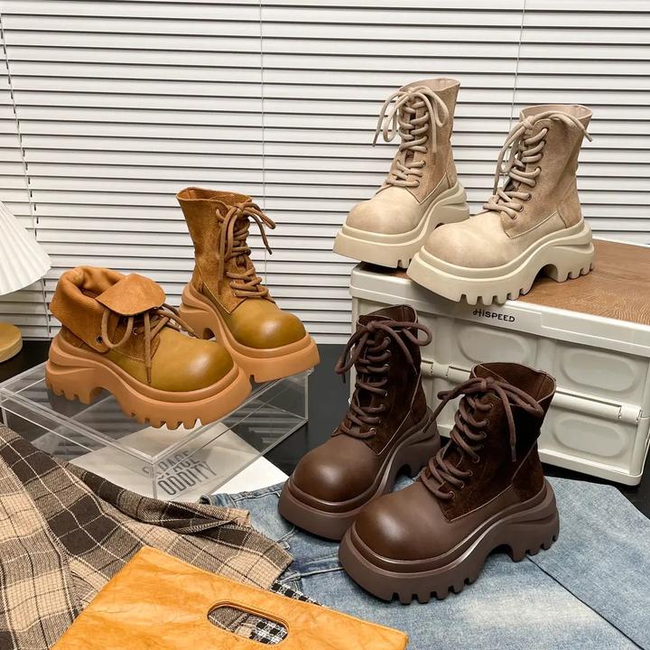 欧货~马丁靴女系带翻领两穿机车靴短靴工装靴小个子厚底大黄靴