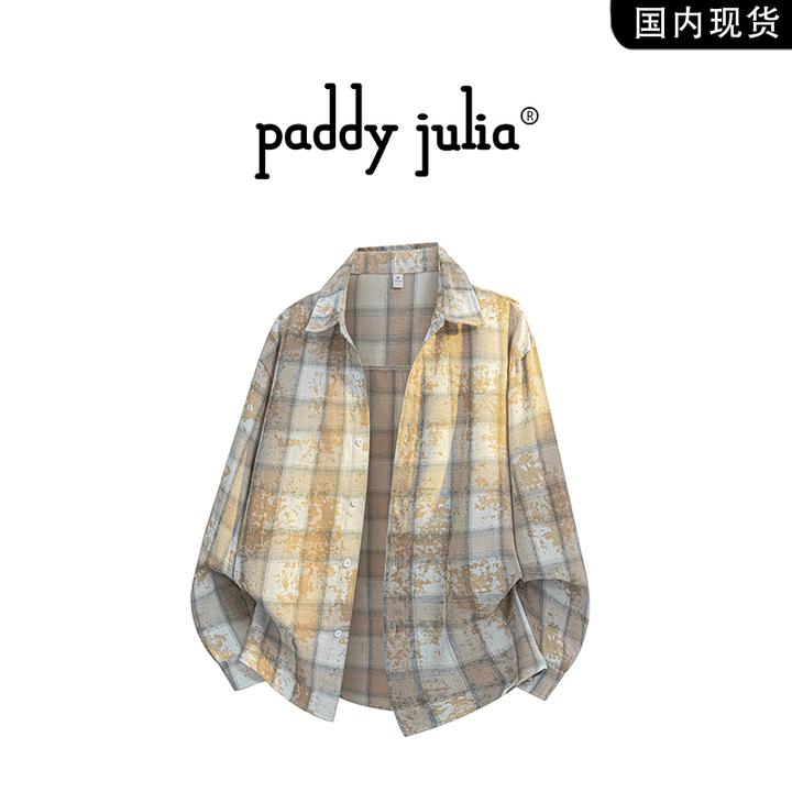 Paddy julia美式高级感扎染格纹衬衫男春秋季长袖休闲衬衣服外套