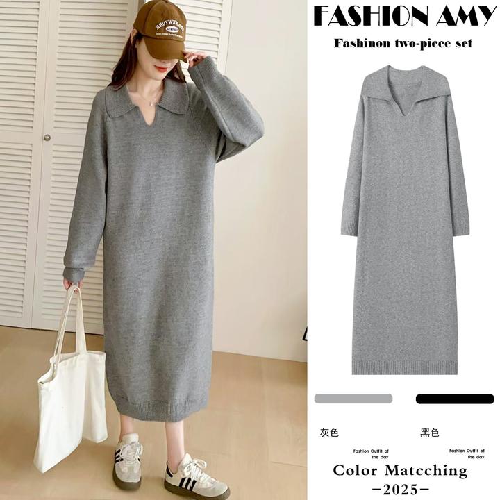 孕妇连衣裙秋冬新款时尚休闲宽松慵懒风POLO领大码显瘦针织长裙子