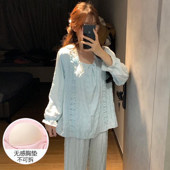 睡衣女秋冬季长袖云朵棉大码2025新款带胸垫家居服可外穿蓝色套装