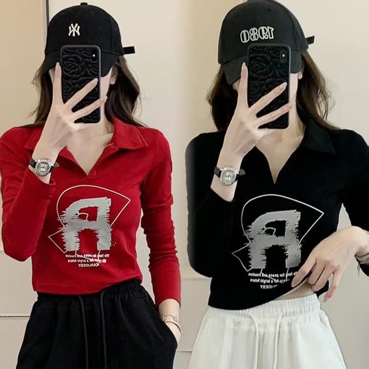 2025秋季新款美式洋气翻领长袖T恤女修身显瘦印花上衣短款打底衫