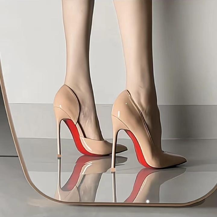网红法式红底高跟鞋女2025新款细跟尖头浅口漆皮黑色性感职业单鞋