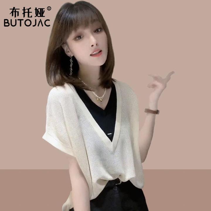 V领假两件拼色冰丝薄款针织衫女2025夏季新款宽松显瘦百搭T恤上衣