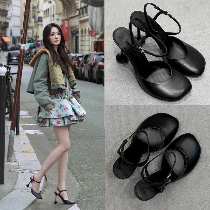 杨幂同款方头后空玛丽珍单鞋2025年新款真皮浅口高跟鞋女细跟凉鞋