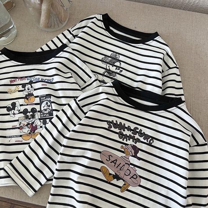 多图~秋季男女童韩版卡通印花条纹圆领长袖T恤中小童洋气休闲打底