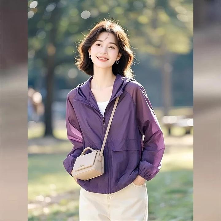 时尚冰丝凉感连帽紫色防晒衣女2025年春夏季新款舒适洋气空调衫女
