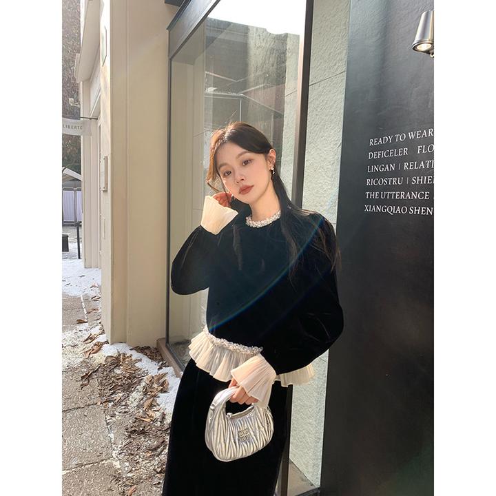 2025春秋新款法式显瘦打底上衣名媛MIU系千金气质珍珠绒衫卫衣女