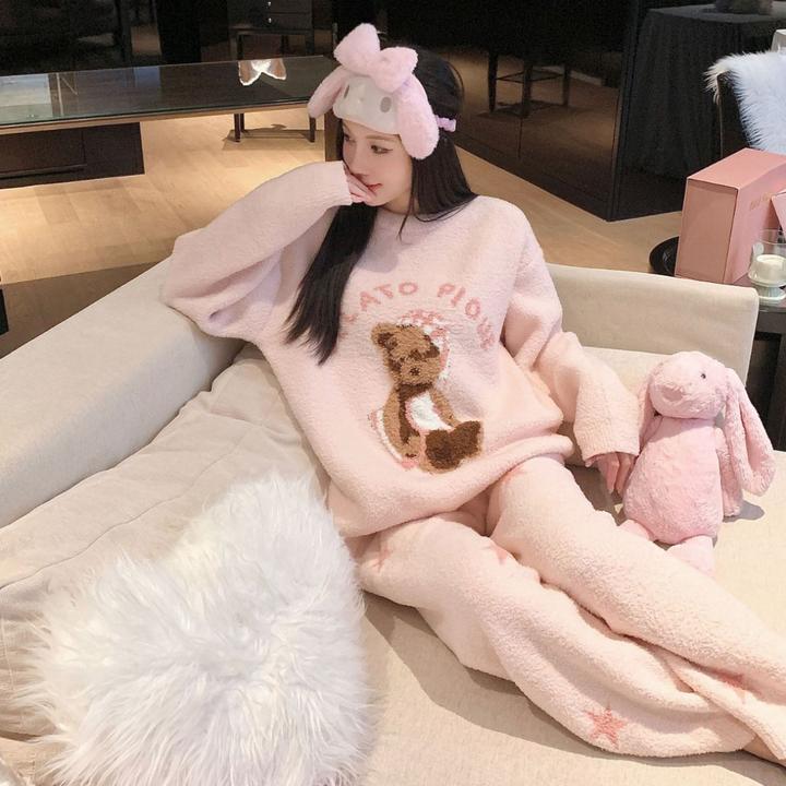秋冬季半边绒长袖睡衣套装甜美卡通保暖小熊加厚加绒居家可外穿