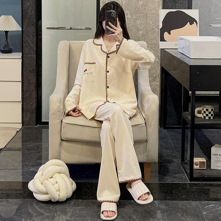 纯棉睡衣女春秋季长袖大码舒适2025新款家居服杏色猫咪可外穿套装