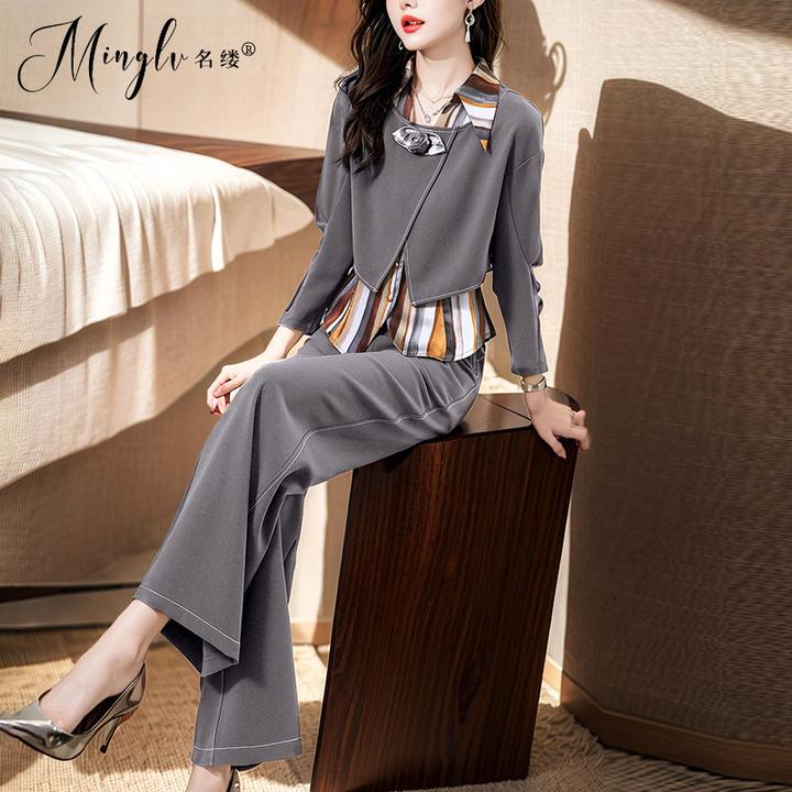 2025年秋季御姐高级时装套装女灰色上衣内搭条纹衬衫阔腿裤三件套