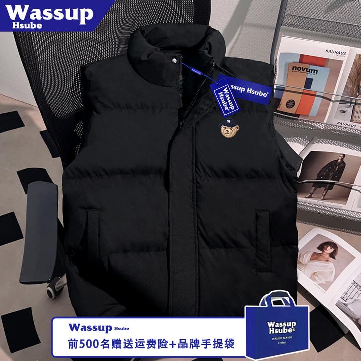 WASSUP HSUBE秋冬高级黑色美式男女款拉链上衣小熊头印花加厚马甲