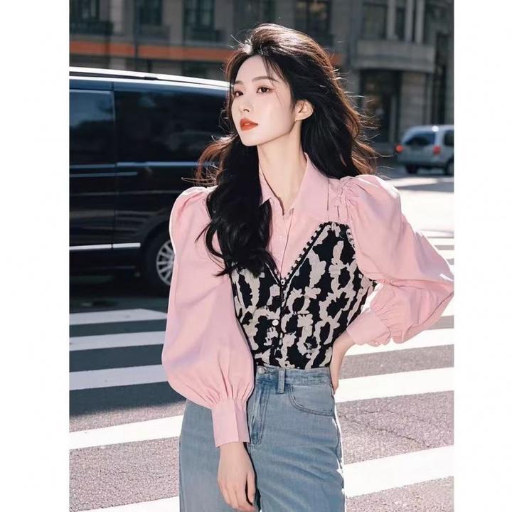 D884韩系穿搭小众设计感粉色拼接衬衫轻奢减龄时尚洋气牛仔裤套装