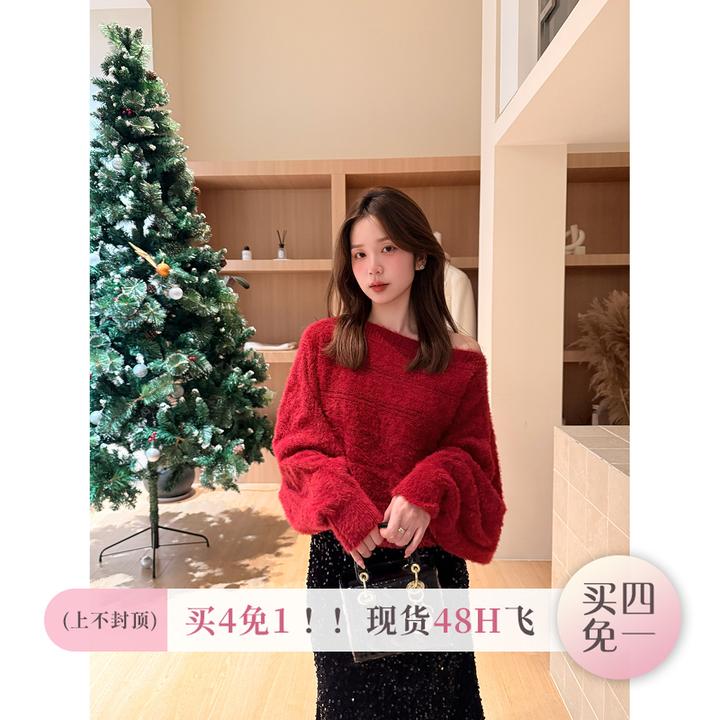 现货陳文文【圣诞舞曲】冬季长袖显白红色显瘦百搭针织毛衣39244M11