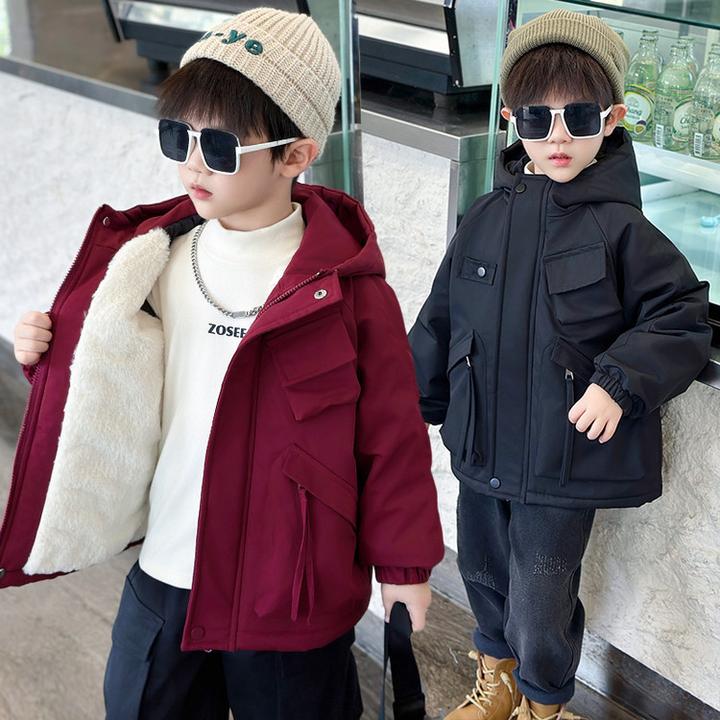 男童冬装纯色工装加绒外套冬季韩版儿童加厚冲锋衣中小童保暖棉衣