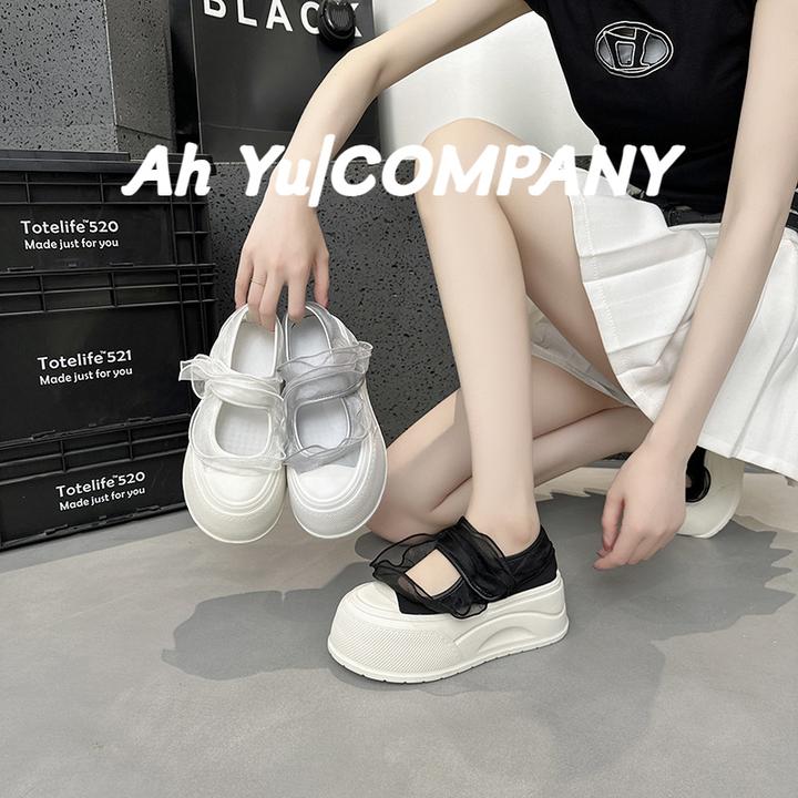 欧洲站玛丽珍鞋女2025夏季新款时尚厚底透气网纱魔术贴增高小白鞋