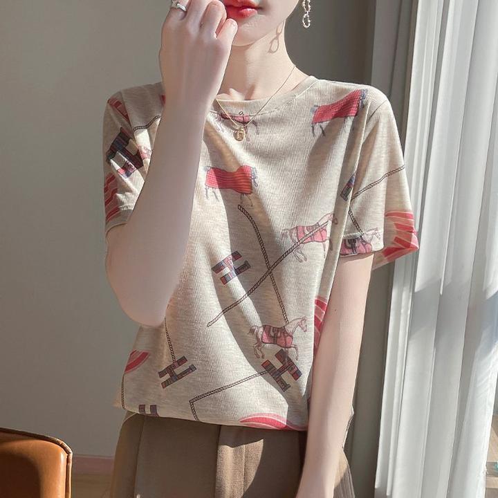 春季新款水墨扎染设计短袖女打底衫女圆领印花宽松T恤女薄款上衣1