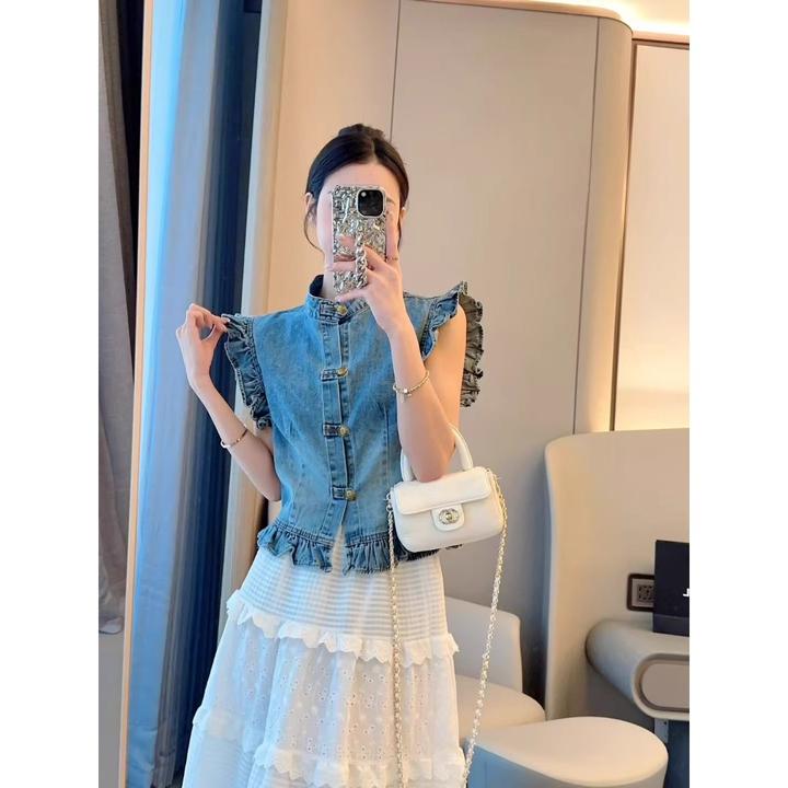 法式复古时尚设计感立领盘扣小飞袖牛仔衬衫女夏季新款减龄上衣潮