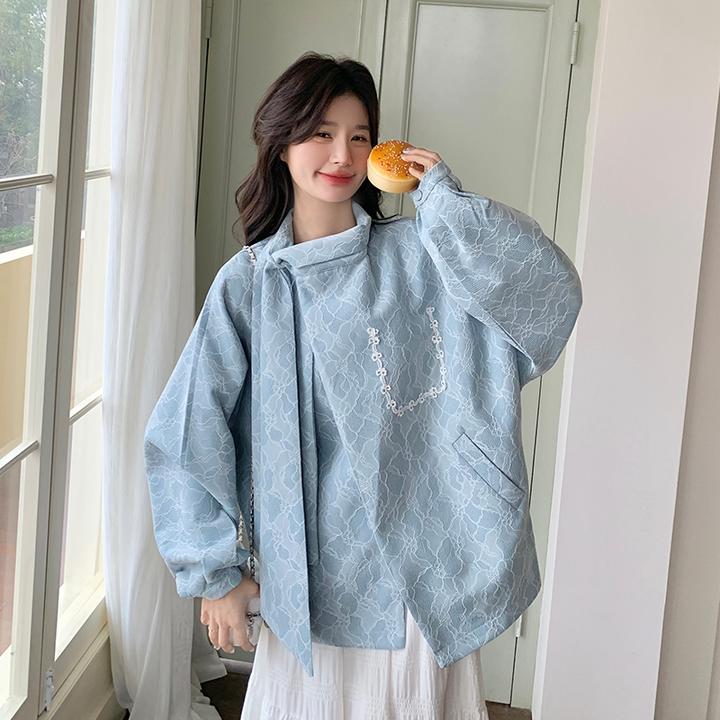 蓝色独特漂亮印花小香风外套2025新款女春秋超好看高级设计感上衣