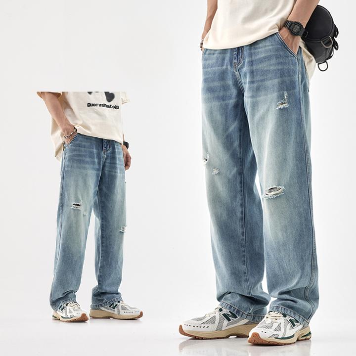 夏季莱赛尔冰丝牛仔裤男款破洞潮流百搭直筒宽松美式休闲长裤子男