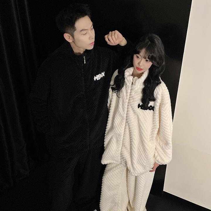 加绒加厚情侣睡衣女秋冬季珊瑚绒法兰绒男士高级感纯色家居服套装