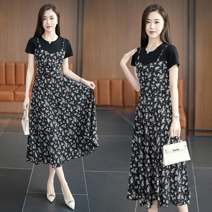 拼接碎花中腰短袖夏季长裙连衣裙显瘦印花裙子收腰过膝韩版中长裙