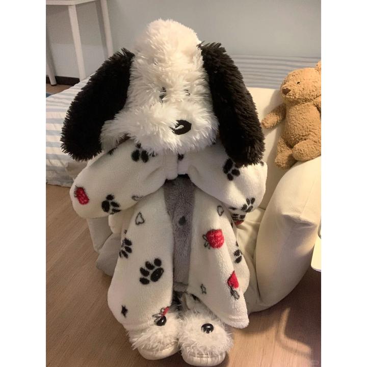 甜美卡通小狗连帽珊瑚绒睡袍睡衣女冬季新款舒适保暖睡裙家居服