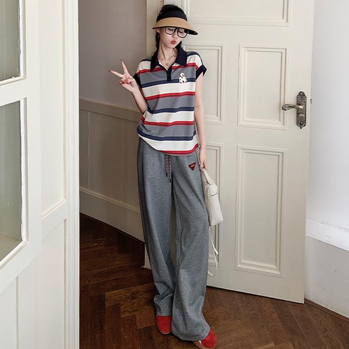 女夏季新款时尚休闲套装高端欧货POLO条纹短袖上衣高腰长裤两件套