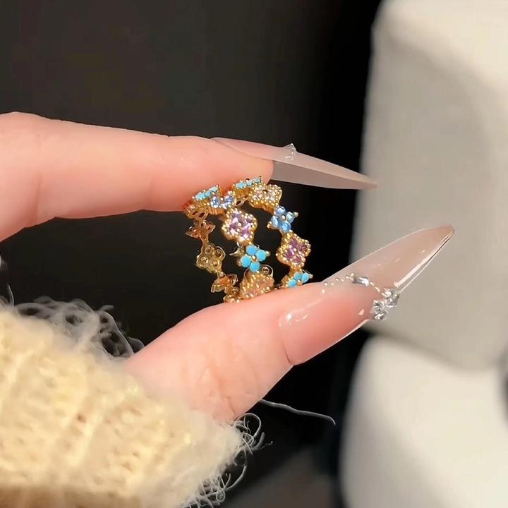 卡柒 铜合金戒指 中古四叶花锆石戒指女轻奢小众高级感精致食指戒