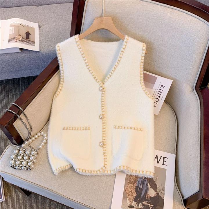 秋冬仿貂绒小香风坎肩小众设计感时尚无袖气质V领外穿针织马甲女
