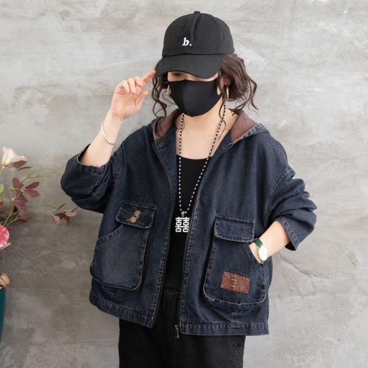 西蒙莱纳复古民族风连帽牛仔外套女春秋贴布撞色短款上衣休闲开衫