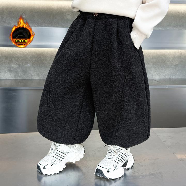 男童加绒裤子秋冬款儿童呢子弯刀裤冬季宽松韩版加厚保暖休闲卫裤