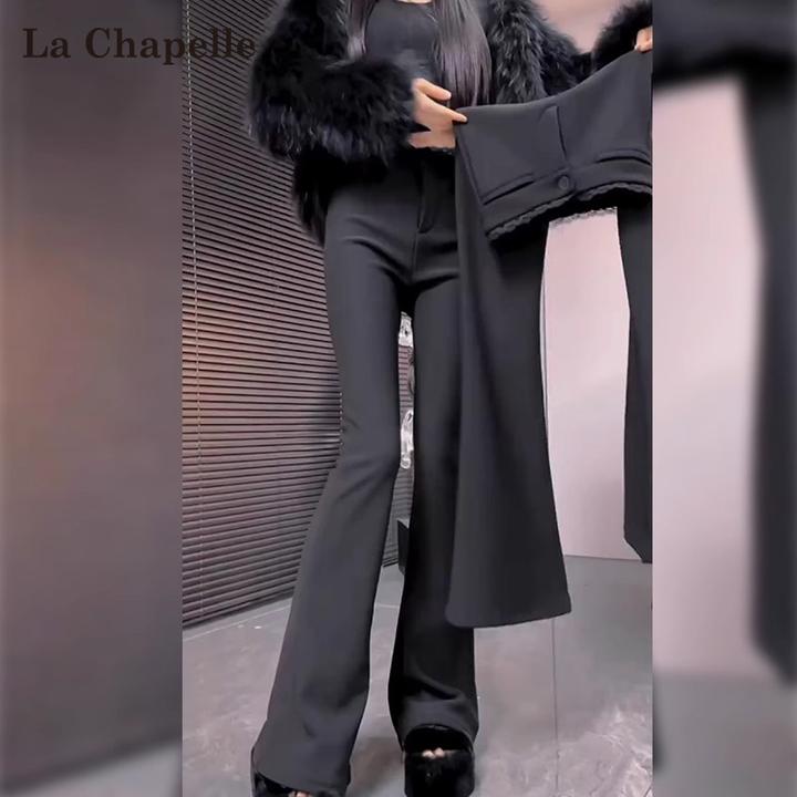 拉夏贝尔蕾丝边黑色西装微喇裤女秋冬胖mm遮胯显瘦高腰马蹄喇叭裤