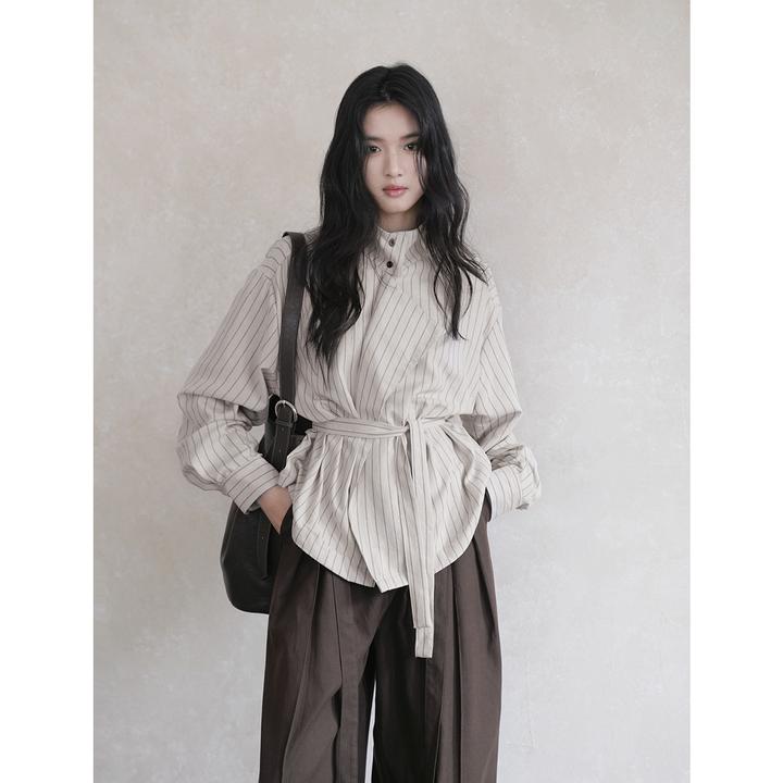 韩系系带收腰条纹衬衫阔腿休闲裤套装女早春新款气质高级感两件套