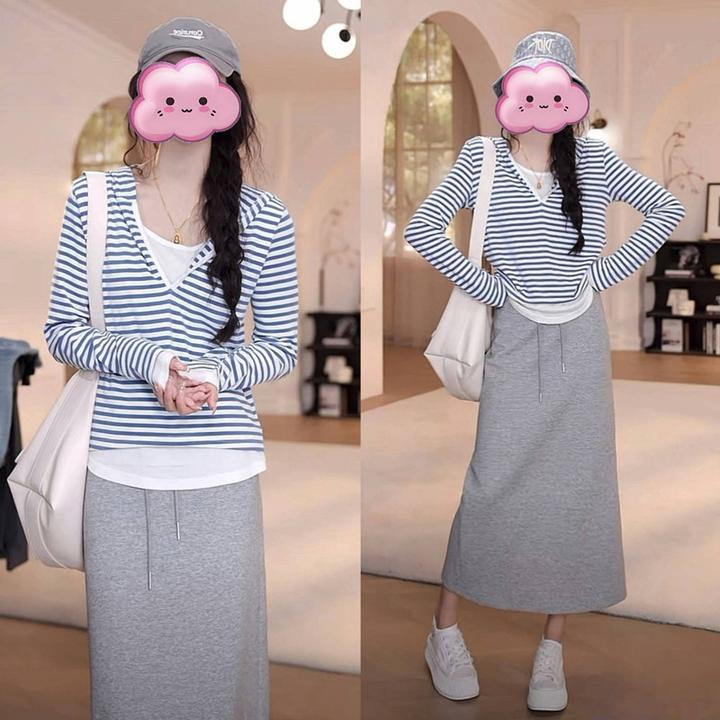 网红洋气炸街女装春夏假两件条纹连帽长袖T恤上衣百搭半身裙套装