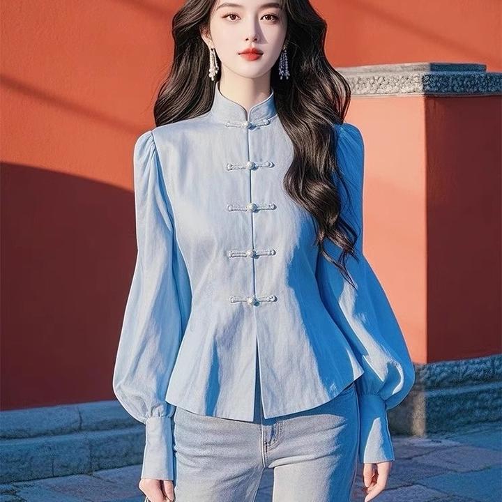 蓝色高级感新中式设计感长袖衬衫女春季国风衬衣盘扣漂亮独特上衣