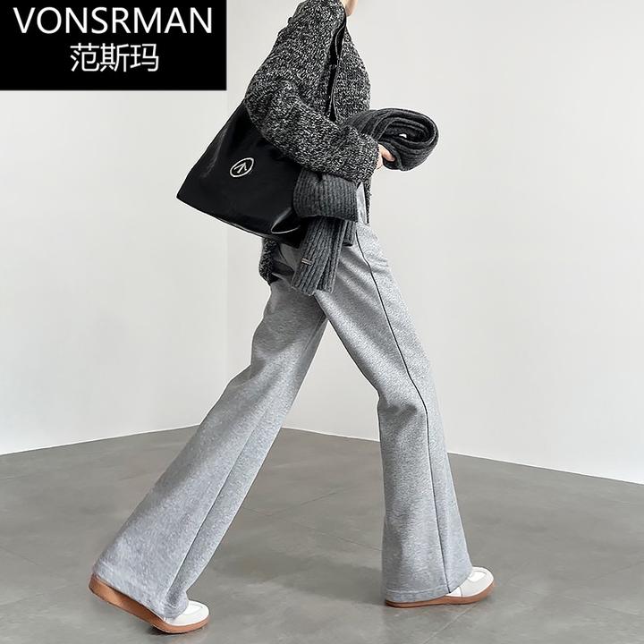 灰色加绒裤子女冬季2025新款宽松阔腿微喇叭裤休闲加厚运动直筒卫