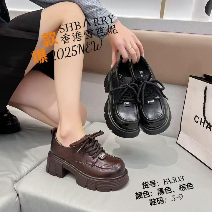 雪芭妮厚底增高乐福鞋女2025春款复古英伦风系带百搭粗跟圆头单鞋