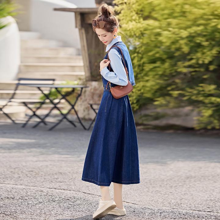 春游出行衣服高端牛仔马甲三件套长裙春夏2025年新款时尚韩系裙子