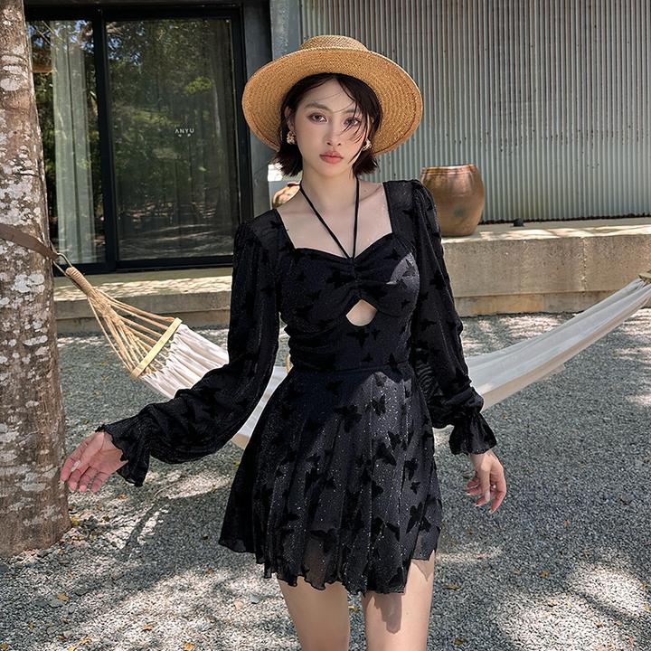 两件套黑色显瘦蝴蝶裙式连体泳衣女微胖大码遮肚沙滩度假2025新款