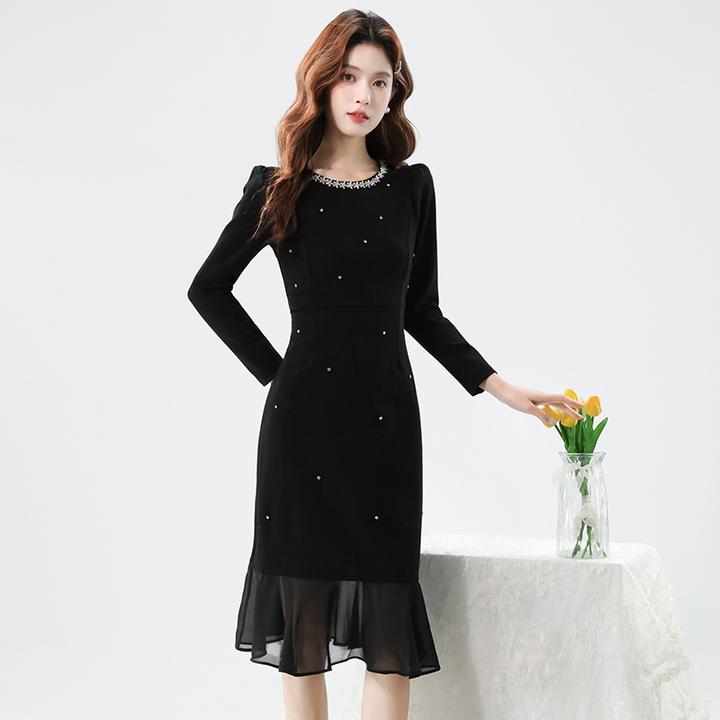 女装实拍秋季时尚钉钻重工气质显瘦雪纺拼接鱼尾连衣裙