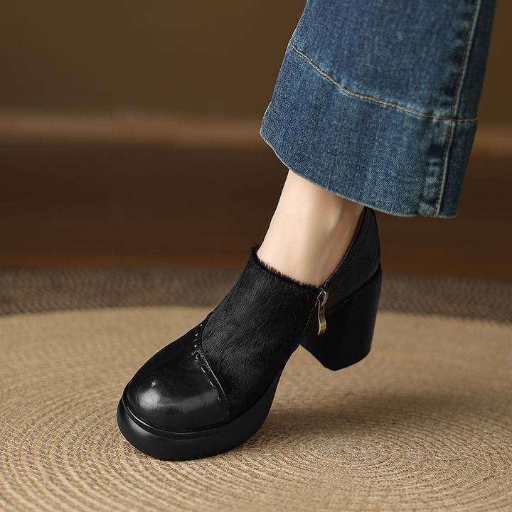 设计感马毛拼接深口单鞋8cm粗跟厚底女士皮鞋圆头高跟鞋子不累脚