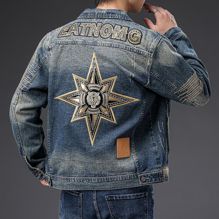 奥美普西比欧货潮牌牛仔外套男秋冬新款星星重工美式翻领夹克男