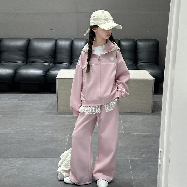 高品质女童春装韩系套装洋气时髦小女孩爱心蕾丝两件套时尚休闲潮