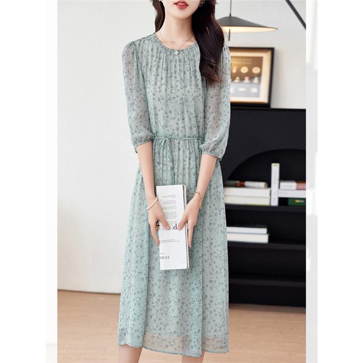 连衣裙女裙五分袖夏装2025新款高端气质中长裙碎花裙子显瘦