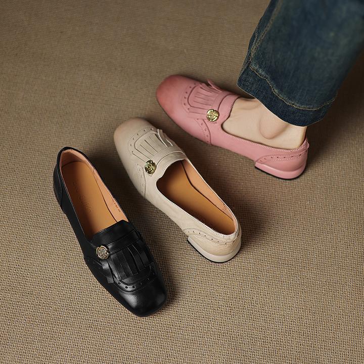 水洗牛皮低跟小皮鞋英伦风乐福鞋女平底粉色真皮方头复古懒人单鞋