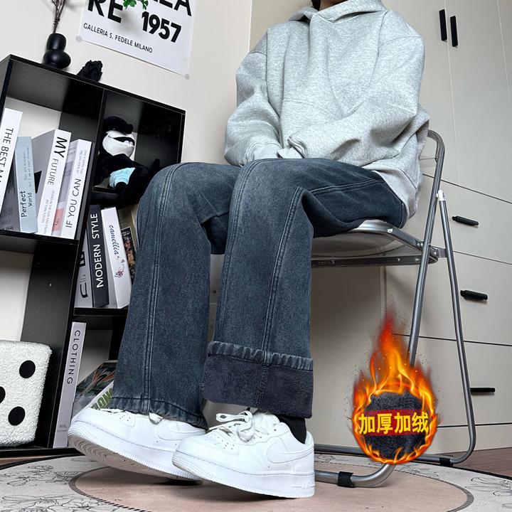 牛仔裤2025秋冬拼接新款加绒加厚宽松直筒百搭休闲潮牌男裤长裤