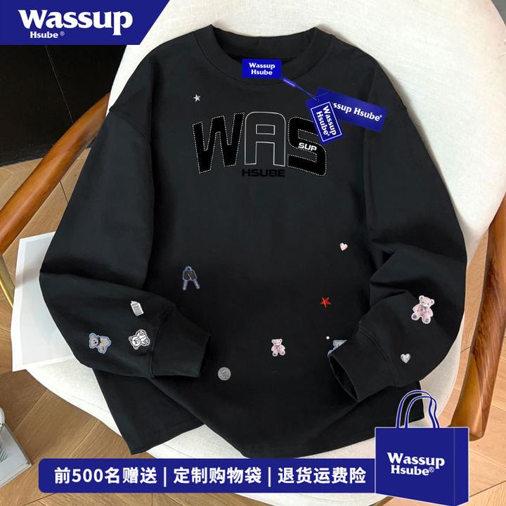 WASSUP HSUBE 街头趣味字母印花黑色长袖T恤男秋季百搭重磅打底衫