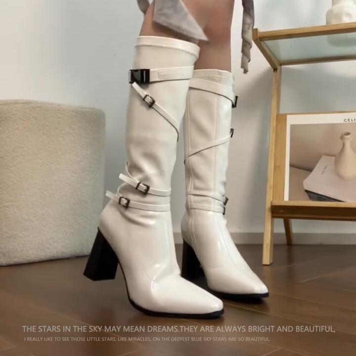 女士2025秋冬时髦英伦风尚百搭羊皮过膝方头粗跟高靴配时尚皮带扣